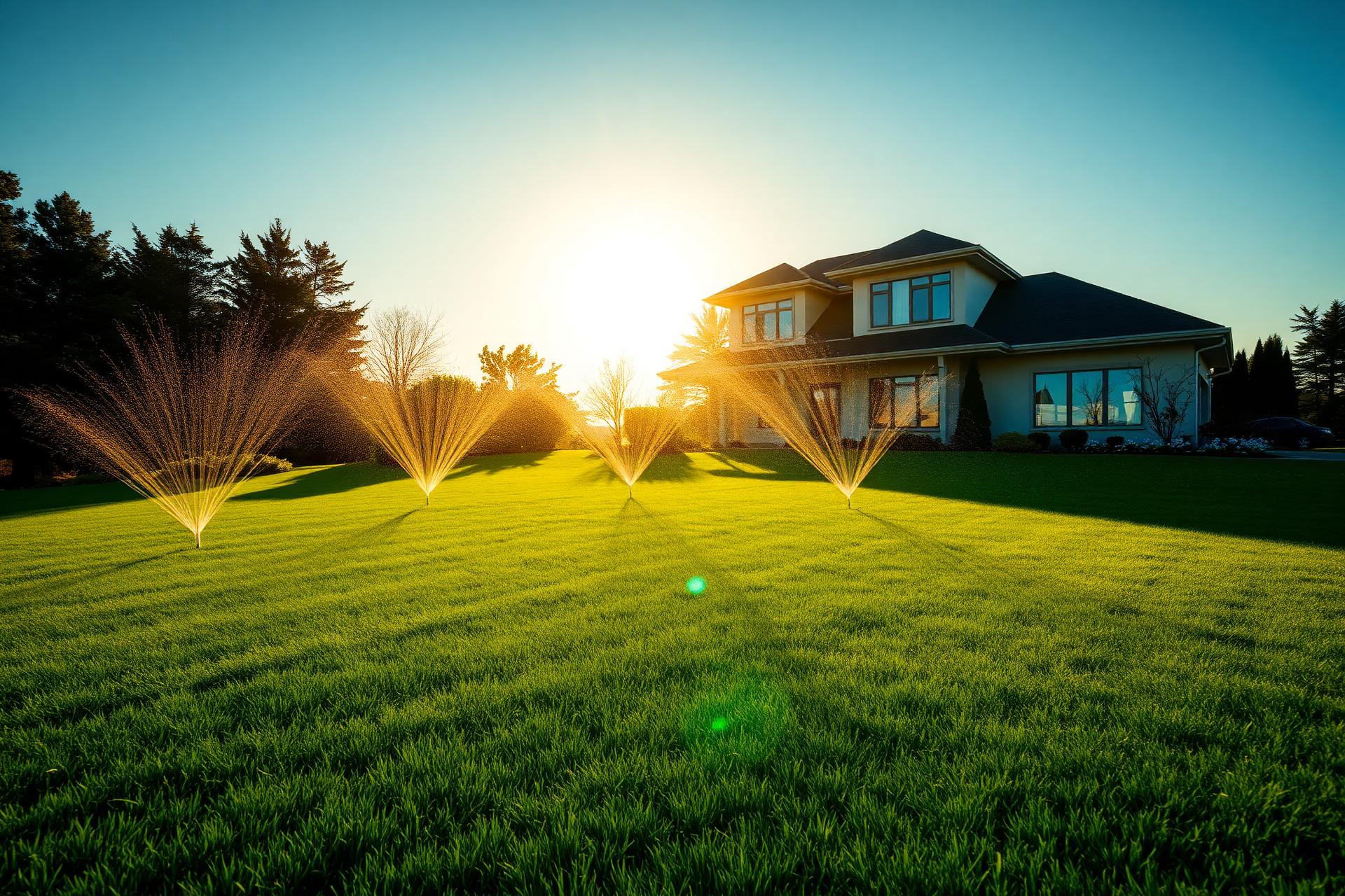 Propriété de luxe avec pelouse irriguée au coucher de soleil